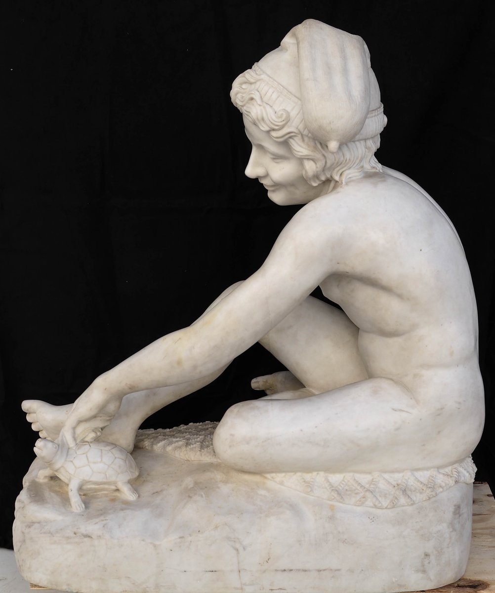 Marble Sculpture: Young Neapolitan Fisherman Playing With A Turtle (or The Boy With The Turtle)-photo-3
