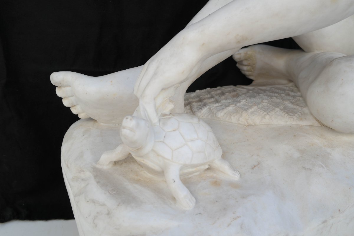 Marble Sculpture: Young Neapolitan Fisherman Playing With A Turtle (or The Boy With The Turtle)-photo-4