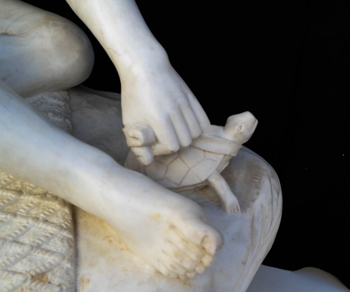 Marble Sculpture: Young Neapolitan Fisherman Playing With A Turtle (or The Boy With The Turtle)-photo-7