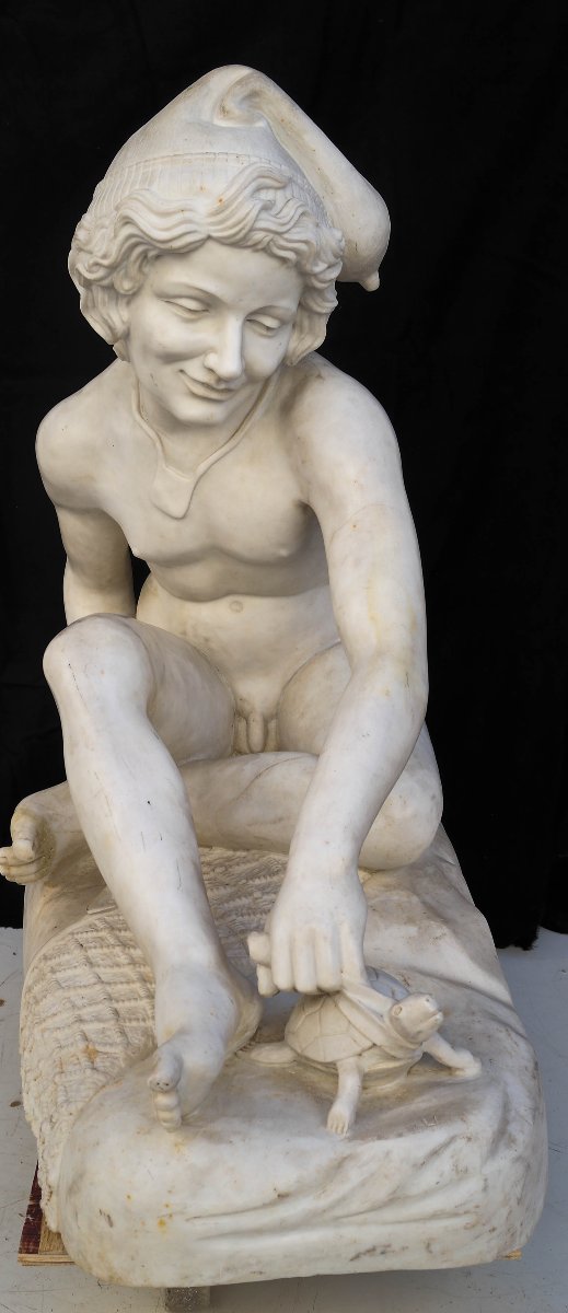 Marble Sculpture: Young Neapolitan Fisherman Playing With A Turtle (or The Boy With The Turtle)