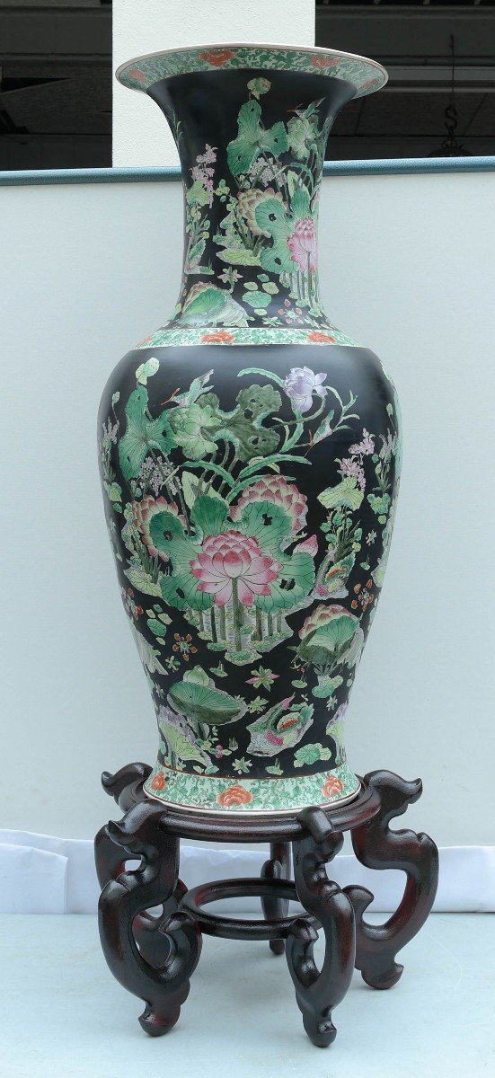Grand Vase Chinois Sur Pied En Bois-photo-3