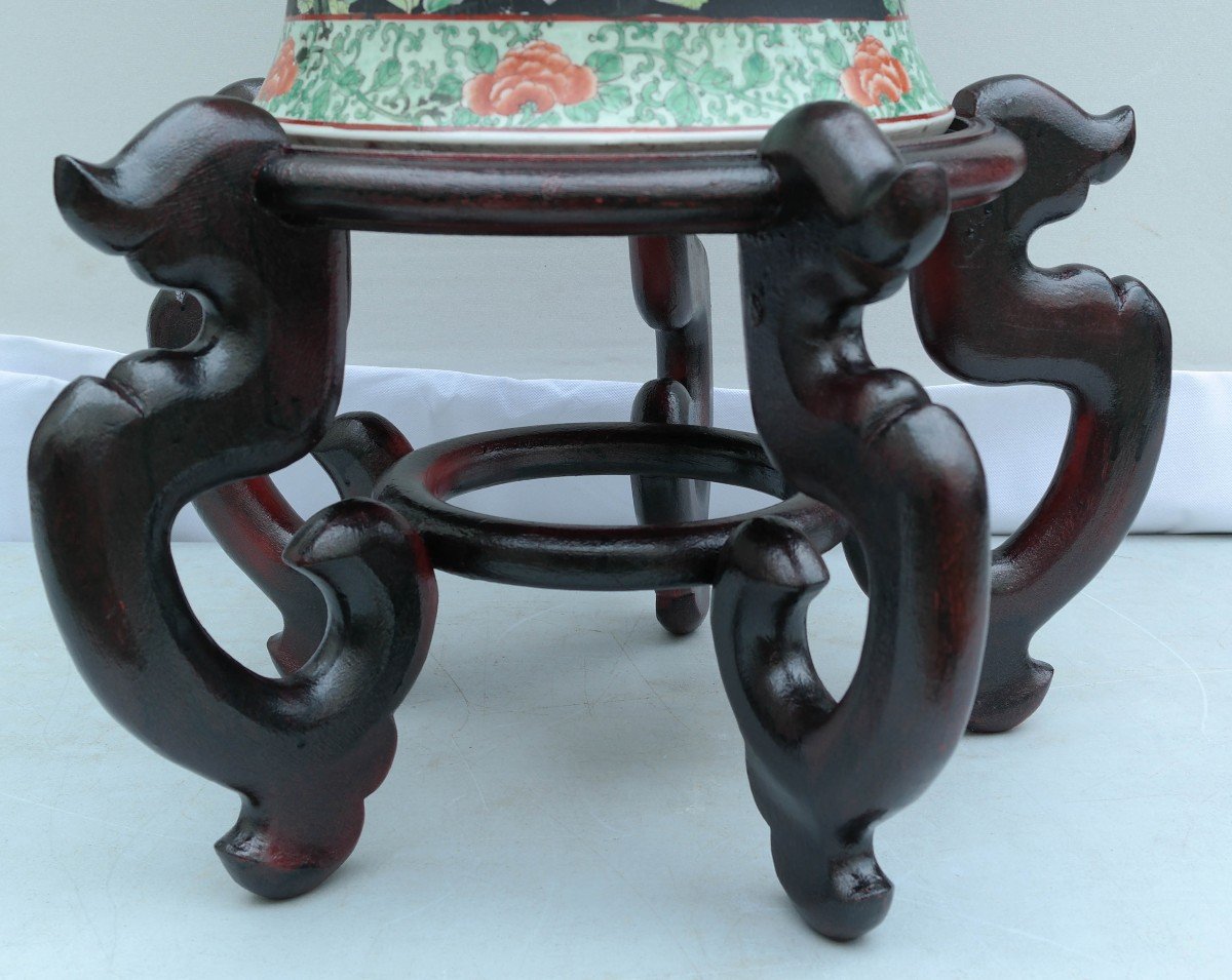 Grand Vase Chinois Sur Pied En Bois-photo-6