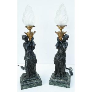Pair Of Bronze Sculptures Of Women Holders Torcheres