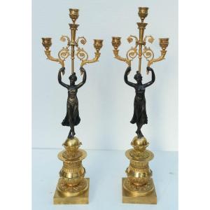 Pair Of Bronze Candelabra With Antique Decors Of Women