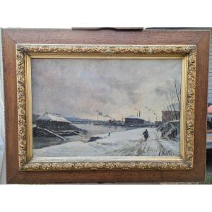 Pont De Tolbiac Sous La Neige, Huile Sur Toile Signé H Muller Circa 1889