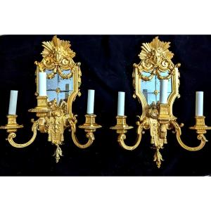 Pair Of Regency Style Gilt Bronze Sconces With 3 Arms Of Lights.