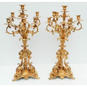 Pair Of Candelabra With 7 Lights In Gilt Bronze Napoleon III Period 