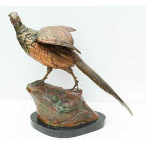 Pheasant And Lizard, Bronze Sculpture Signed Dubucand