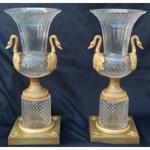 Paire De Vases Charles X En Cristal Et Bronze Doré