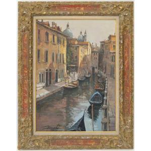 A Canal In Venice, Oil On Canvas, Signed By Ciro Canzanella