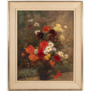 Bouquet de fleurs, huile sur toile signée Gustave Bienvêtu