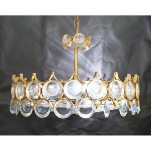 Chandelier And Pair Of Wall Sconces Made Of Glass And Gilded Brass