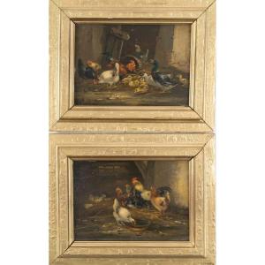 Farmyard, A Pair Of Oil Paintings On Panel Signed By Guilleminet