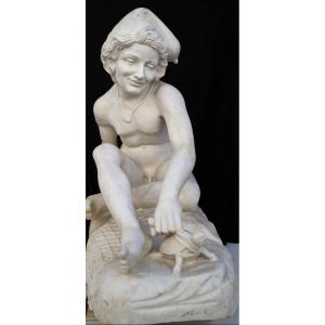 Neapolitan Fisherman Playing With A Turtle, Marble Sculpture After François Rude