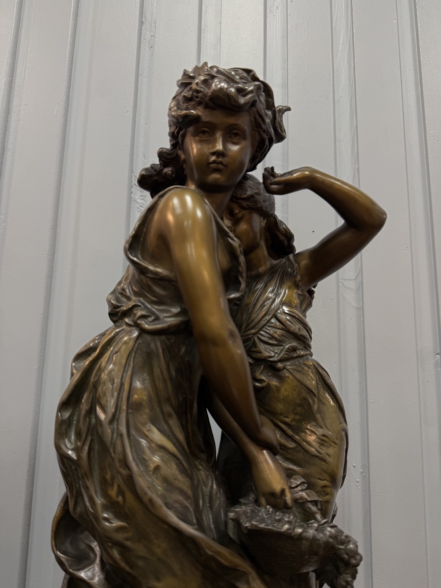 Bronze Sculpture Depicting Two Women With A Basket, Signed H Moreau-photo-4