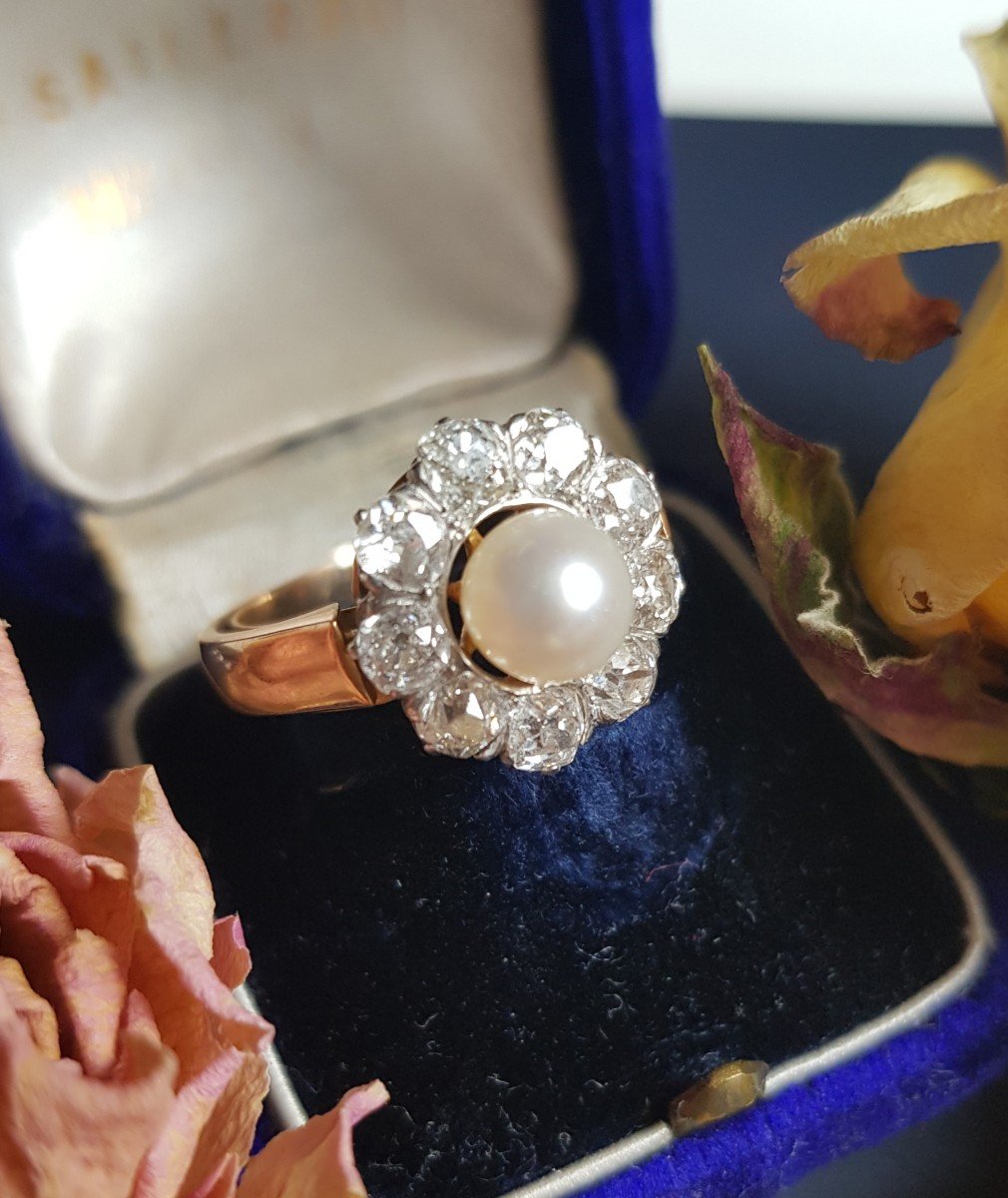 Bague Perle Et Diamants Taille Ancienne - Or Jaune  Et Platine 