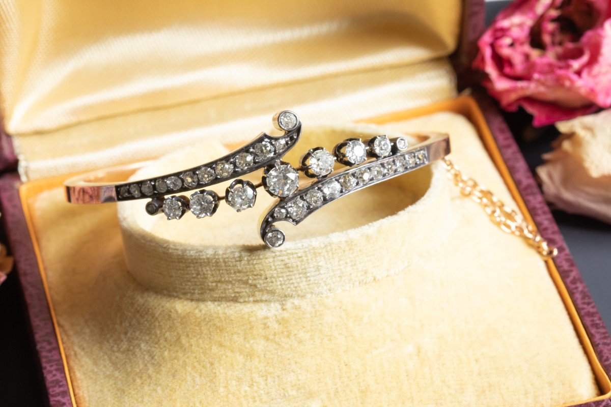 Bracelet Jonc Or Et Argent - Diamants Taille Ancienne - Fin 19ème -photo-3