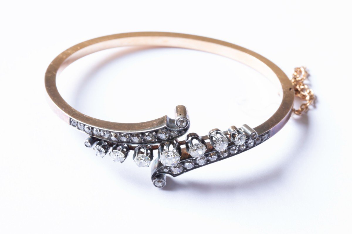 Bracelet Jonc Or Et Argent - Diamants Taille Ancienne - Fin 19ème -photo-4