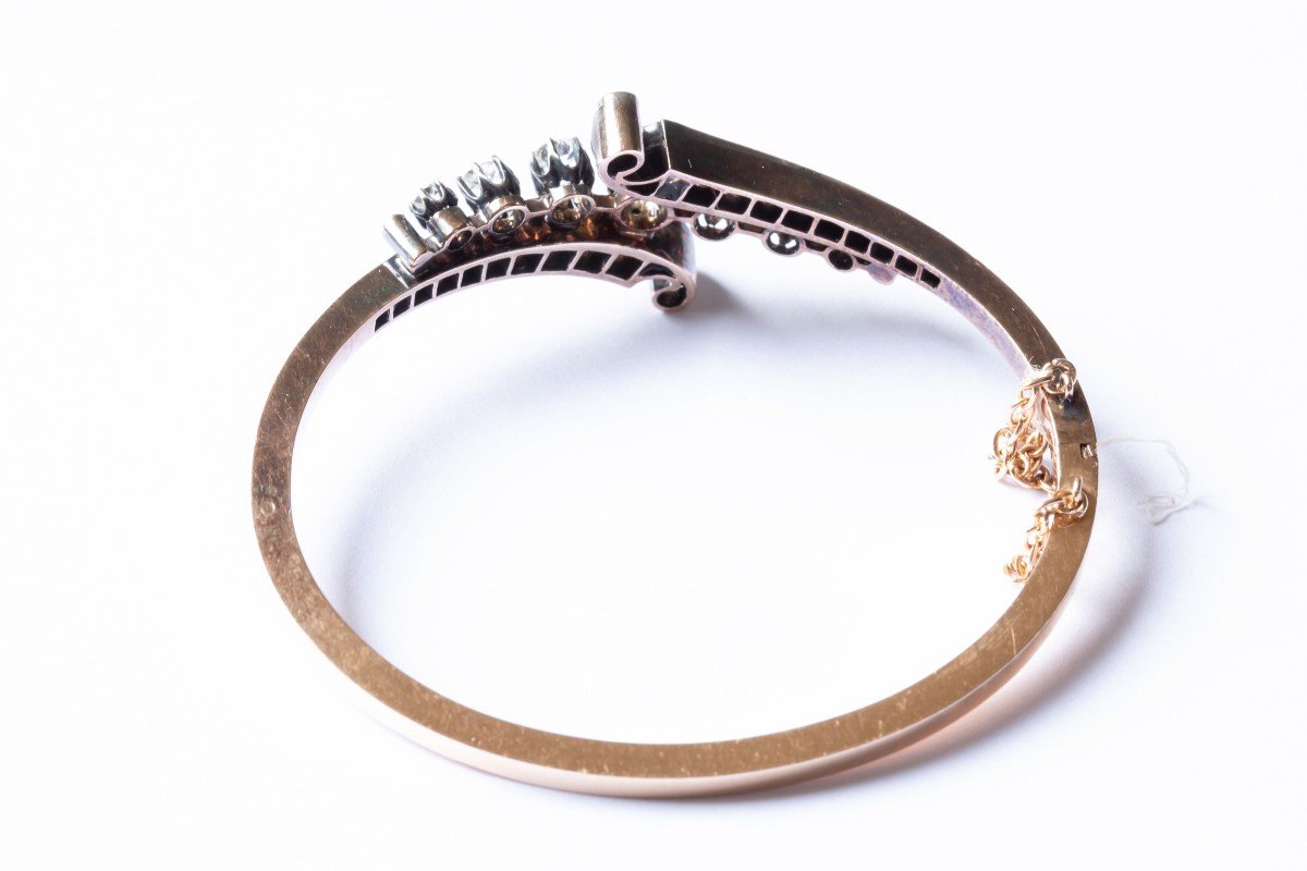 Bracelet Jonc Or Et Argent - Diamants Taille Ancienne - Fin 19ème -photo-1
