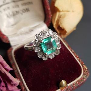 Emerald And Old Cut  Diamond Ring