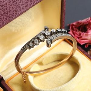 Bracelet Jonc Or Et Argent - Diamants Taille Ancienne - Fin 19ème 