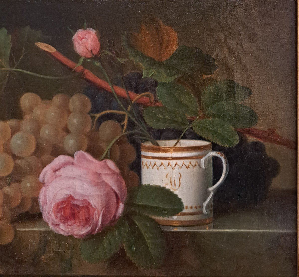 Ecole Française XIXème Siècle, Nature Morte à la rose, à La Tasse Et Raisins, Huile-photo-3