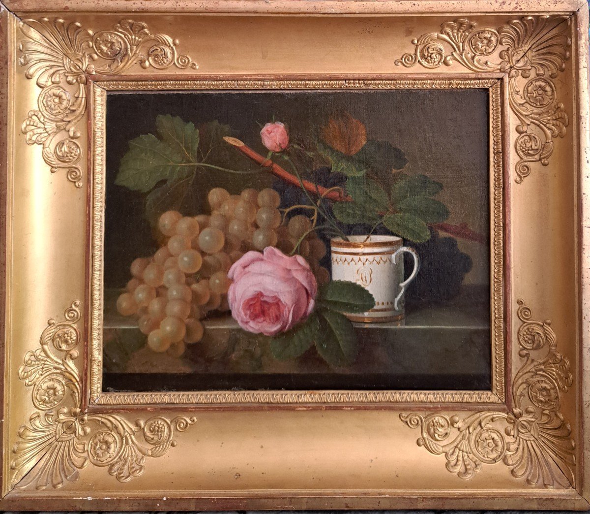 Ecole Française XIXème Siècle, Nature Morte à la rose, à La Tasse Et Raisins, Huile