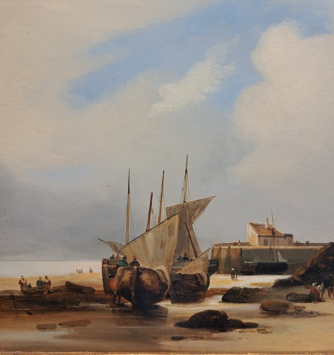Charles Mozin (1806-1862), Marée Basse à Trouville, Huile Sur Toile-photo-1