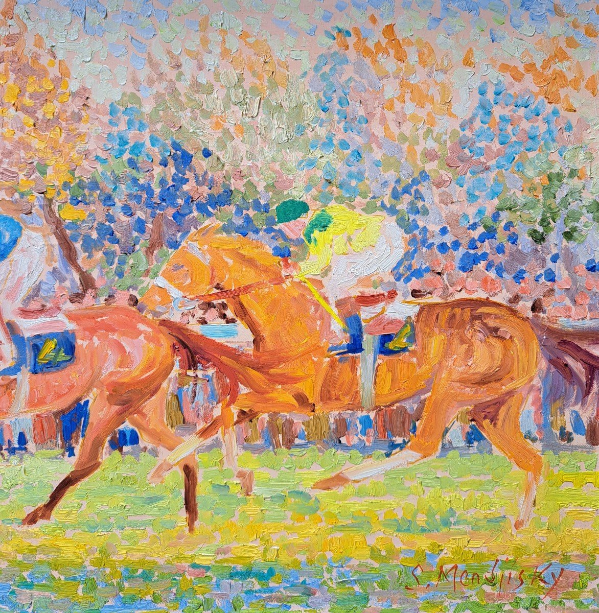 Serge Mendjisky (1929-2017), Horse Racing, Pointillism-photo-2