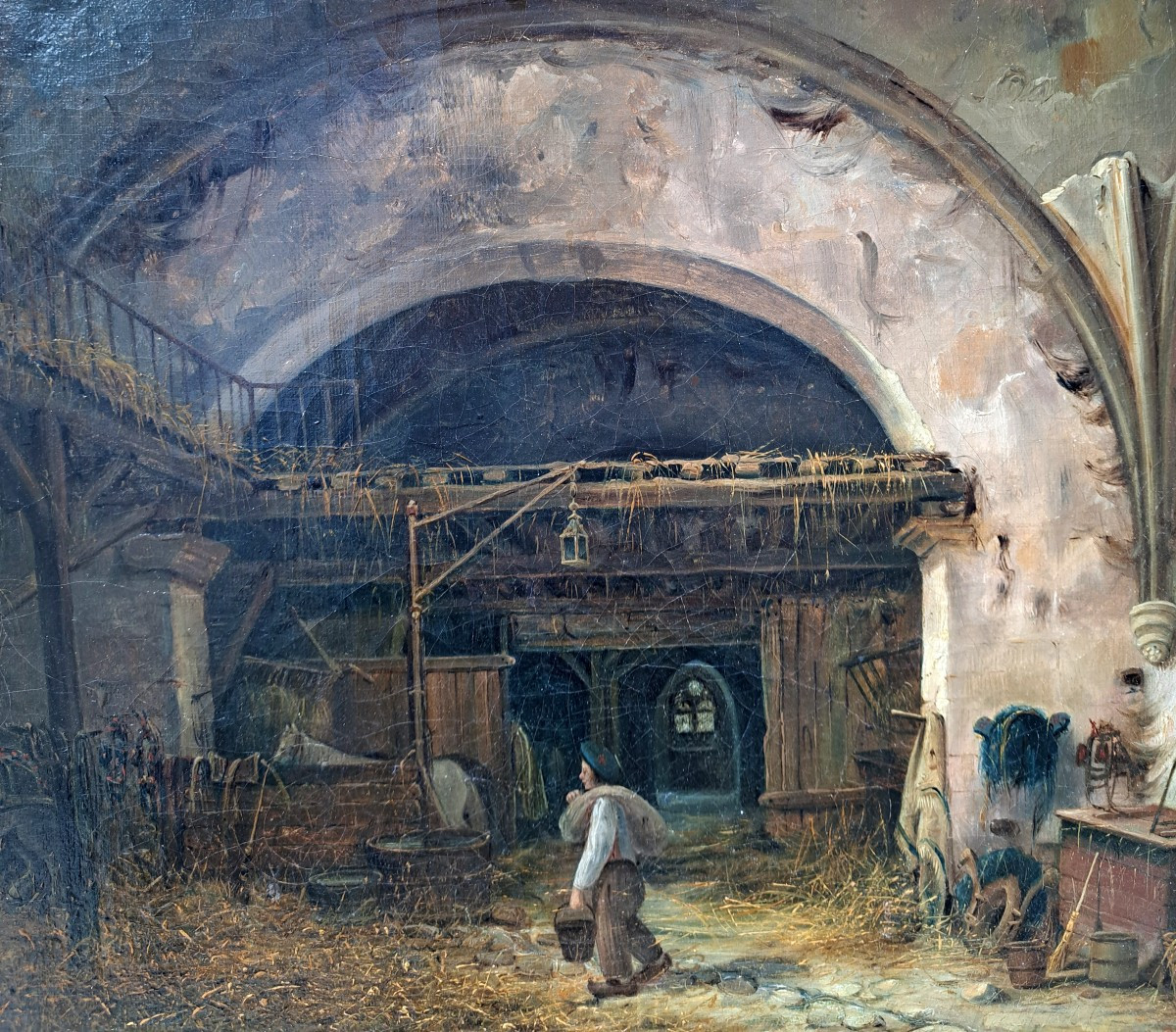 Eugène Ramade (1802-1890),  Le Jeune Palefrenier dans l'écurie, Huile-photo-3