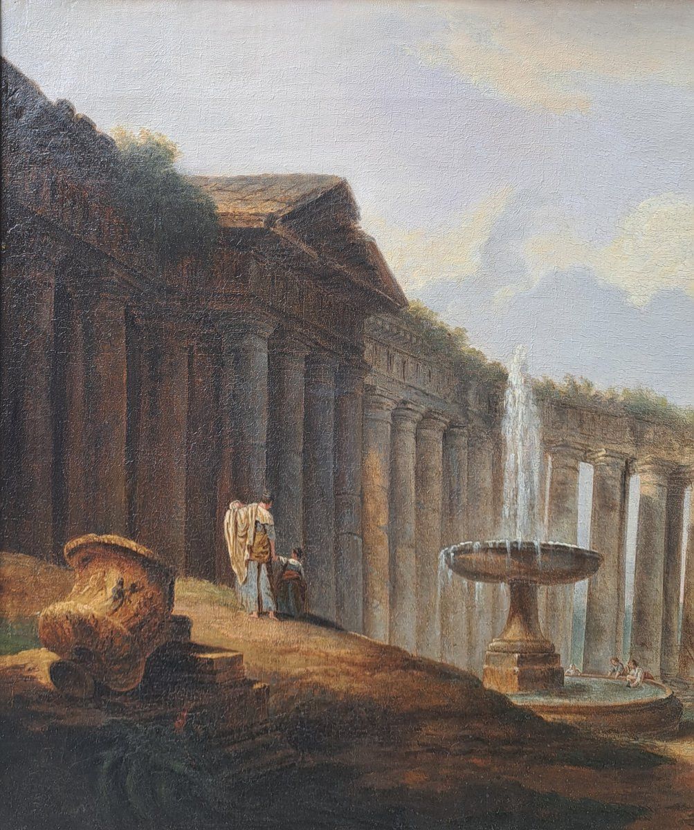 Hubert robert (1733-1808) Suiveur de, Caprice architectural avec la statue de Marc Aurèle-photo-1