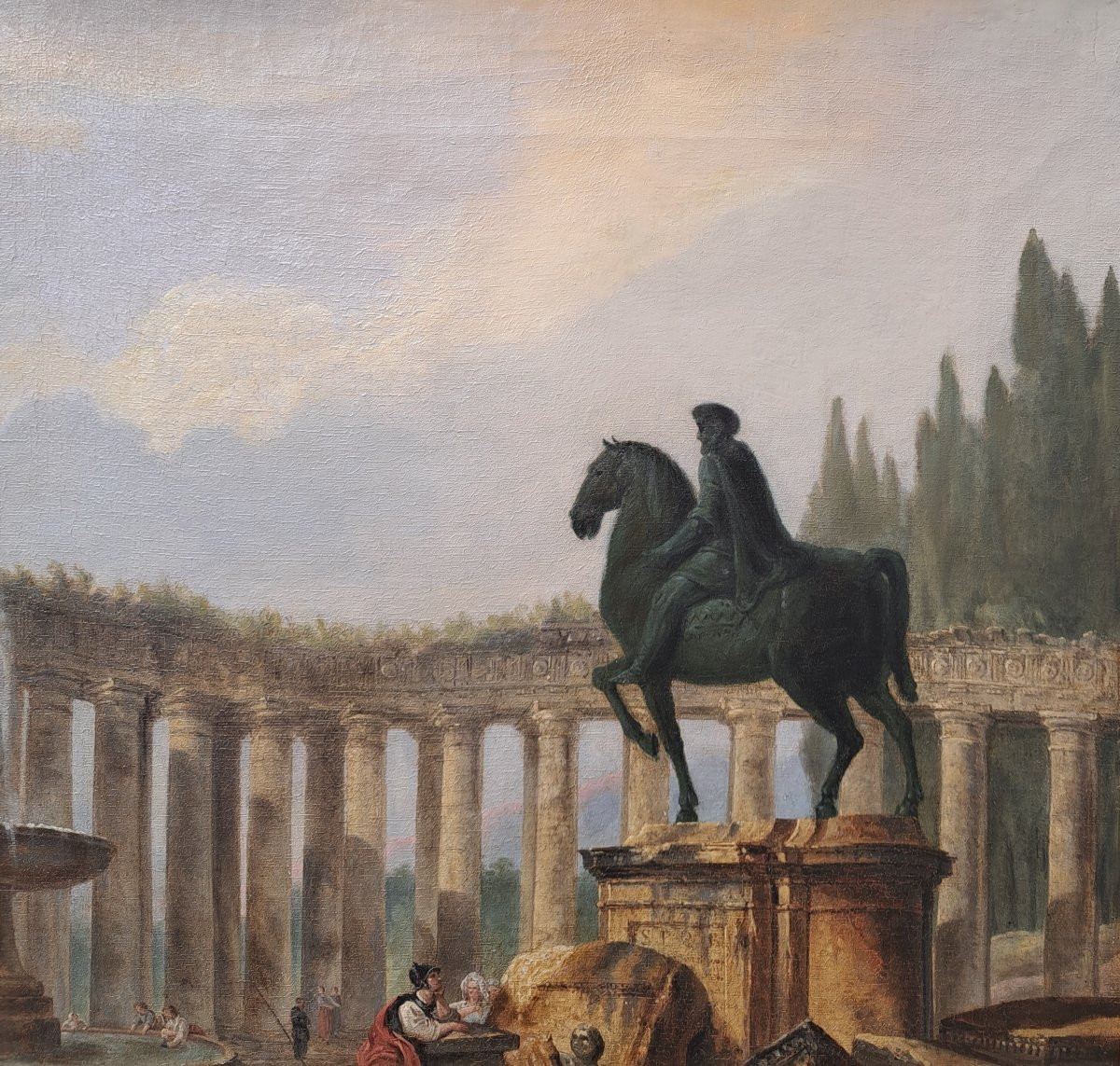 Hubert robert (1733-1808) Suiveur de, Caprice architectural avec la statue de Marc Aurèle-photo-3