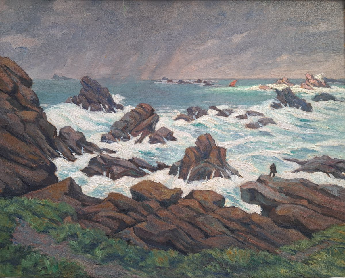 Pierre Agnès (1898-1964), Man Observing The Unleashing Of The Elements At Ouessant, Oil-photo-3