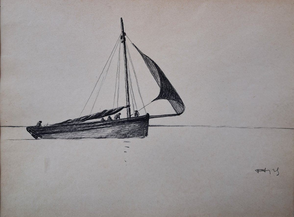 Pierre Agnès (1898-1964), Voilier au vent, Mine de plomb et fusain-photo-2