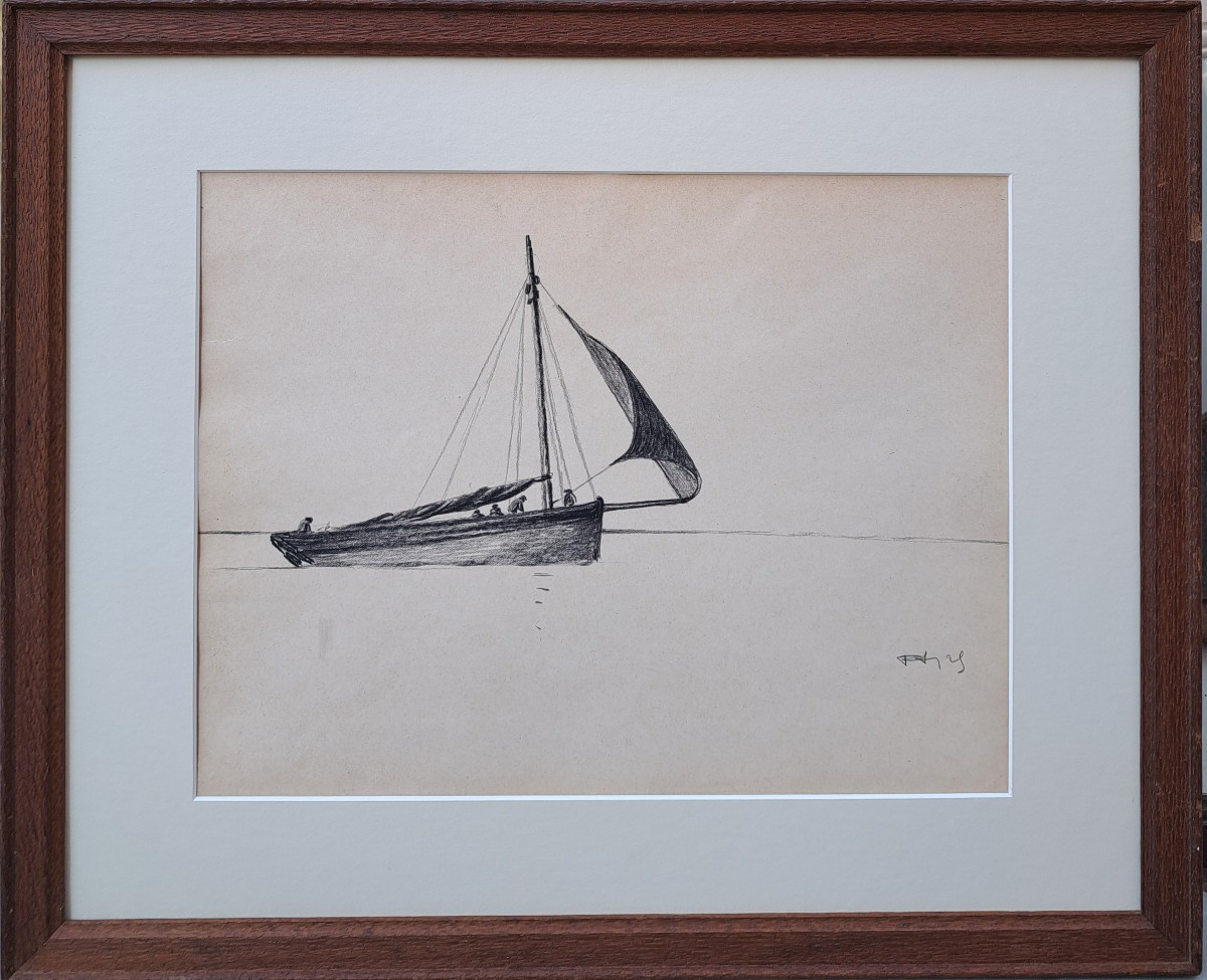 Pierre Agnès (1898-1964), Voilier au vent, Mine de plomb et fusain