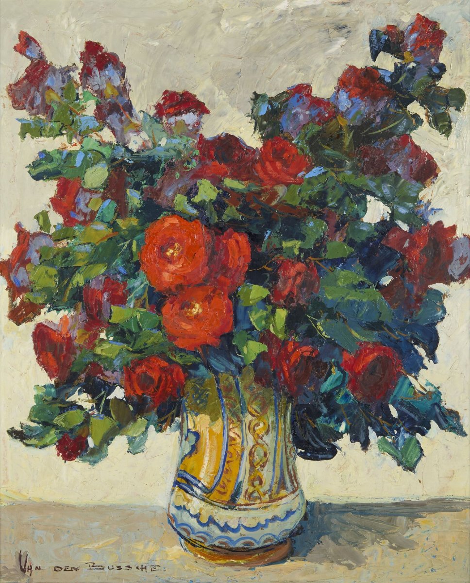 Jacques Van Den Bussche (1925-2001), Bouquet Of Red Roses In An Albarello-photo-2