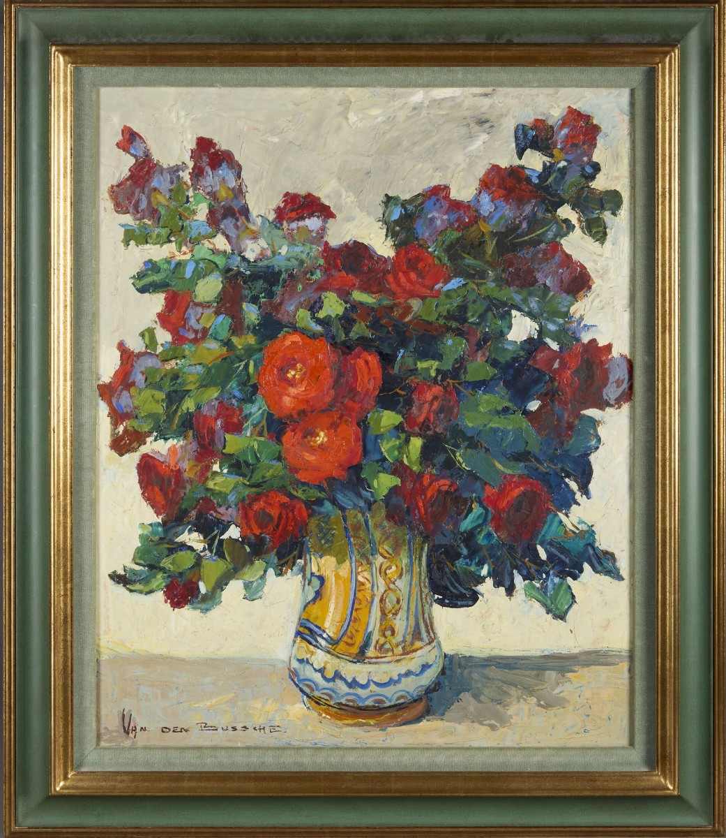Jacques Van Den Bussche (1925-2001), Bouquet Of Red Roses In An Albarello