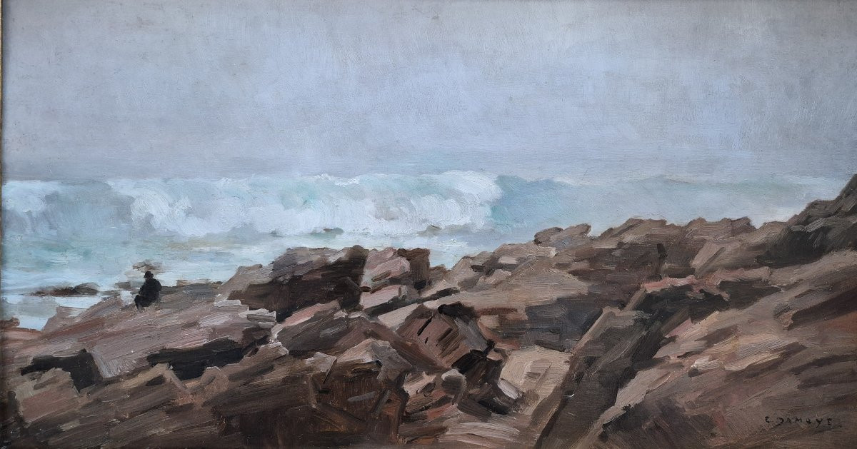 Pierre-emmanuel Damoye (1847-1916), The Painter Before The Wave, Oil-photo-2