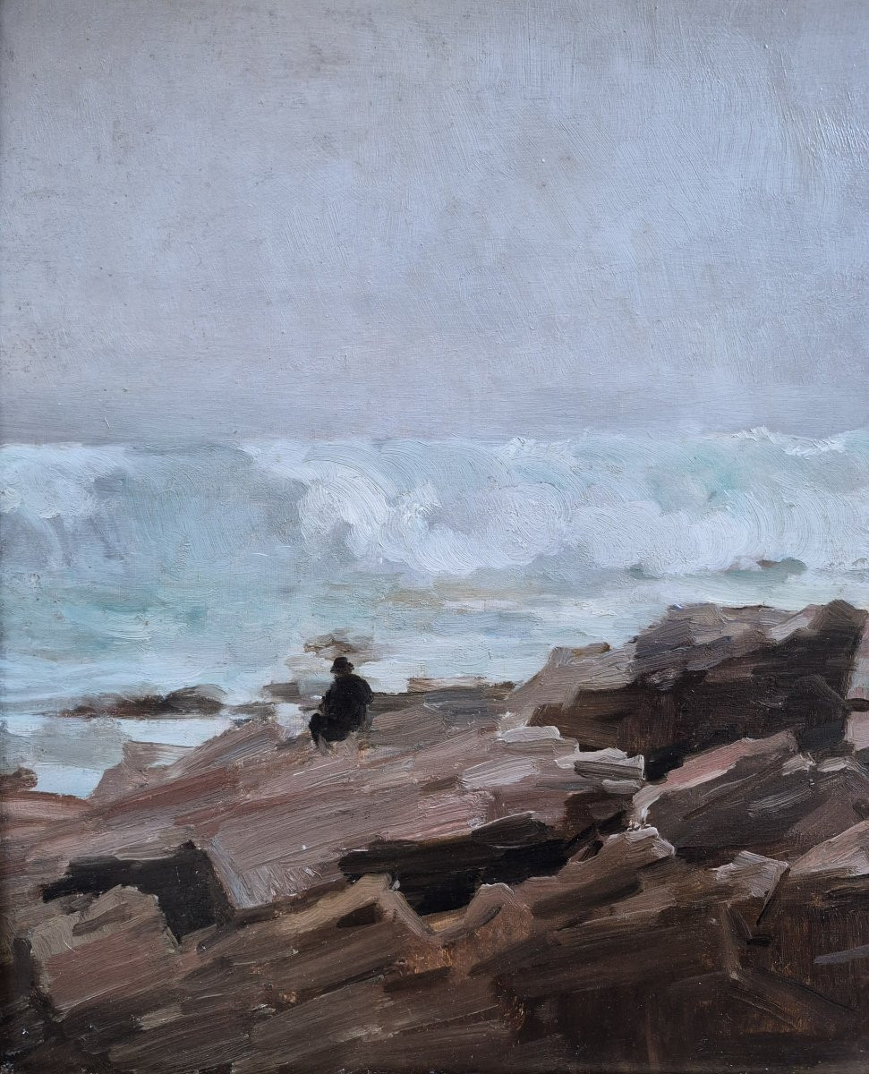 Pierre-emmanuel Damoye (1847-1916), The Painter Before The Wave, Oil-photo-1