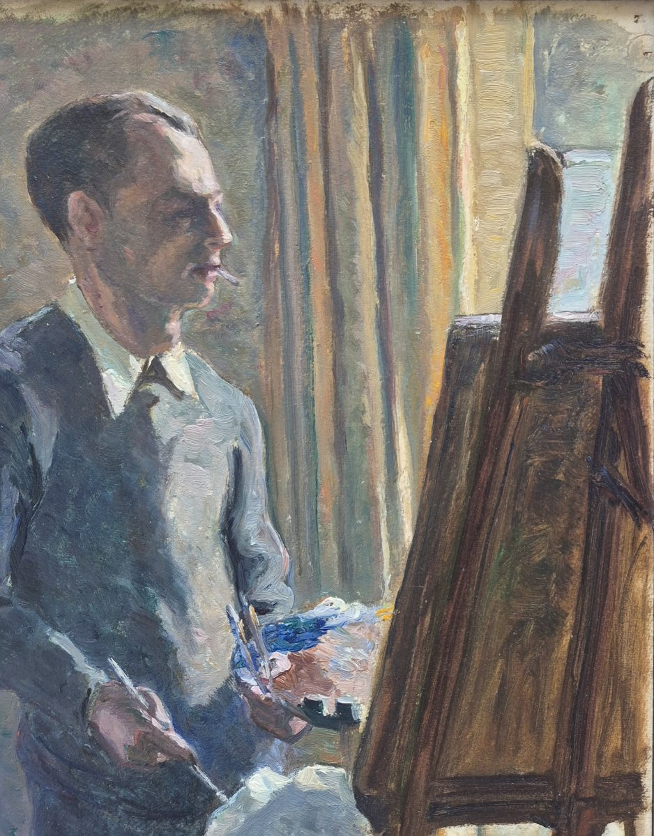 Pierre Agnès (1898-1964), Self-portrait With A Cigarette In The Studio-photo-1
