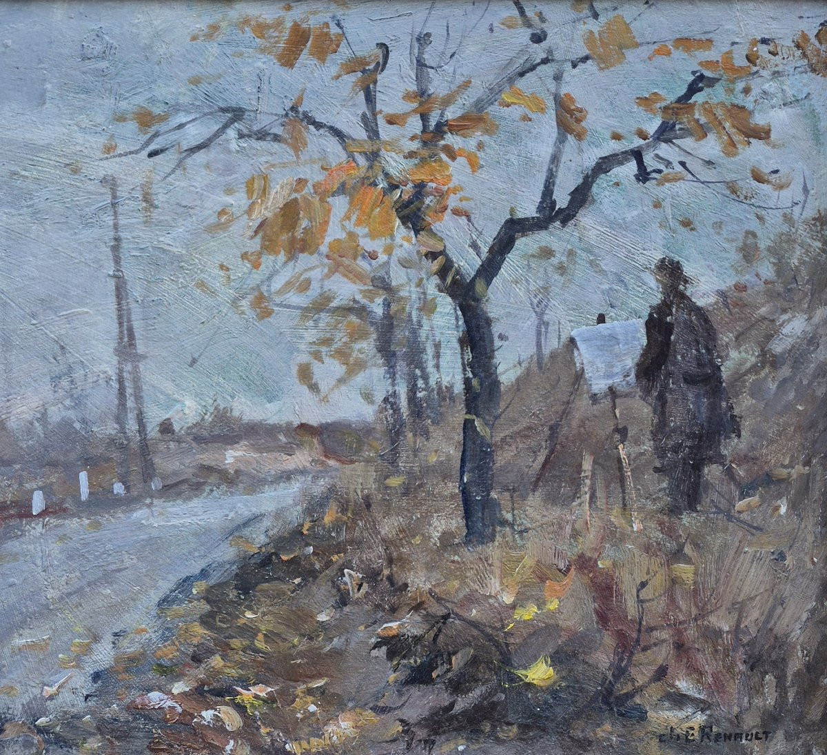 Charles Edmond RENAULT (1829-1905), le peintre en extérieur par temps automnale-photo-4