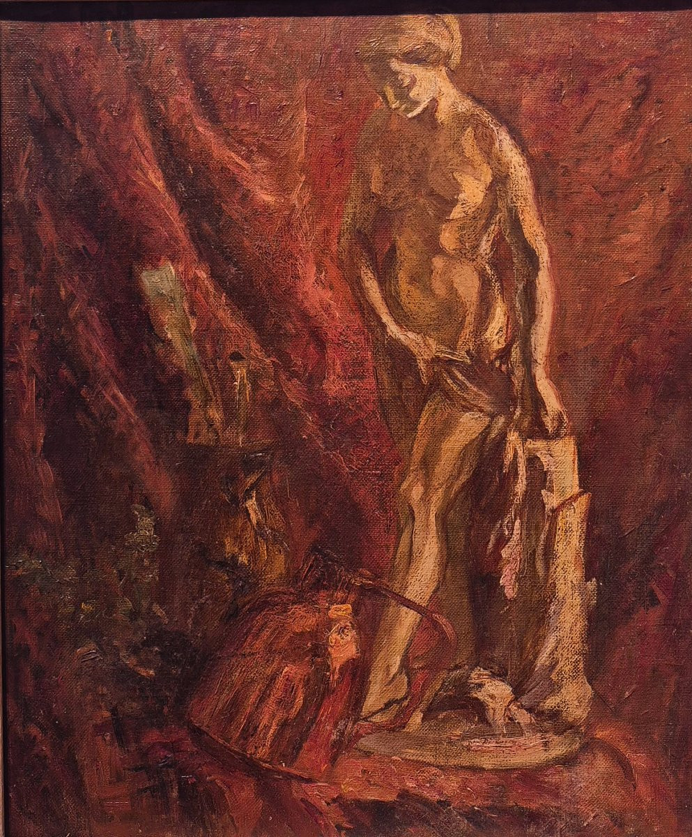 Ecole française fin XIXème, Nature morte aux pinceaux et à la sculpture-photo-2