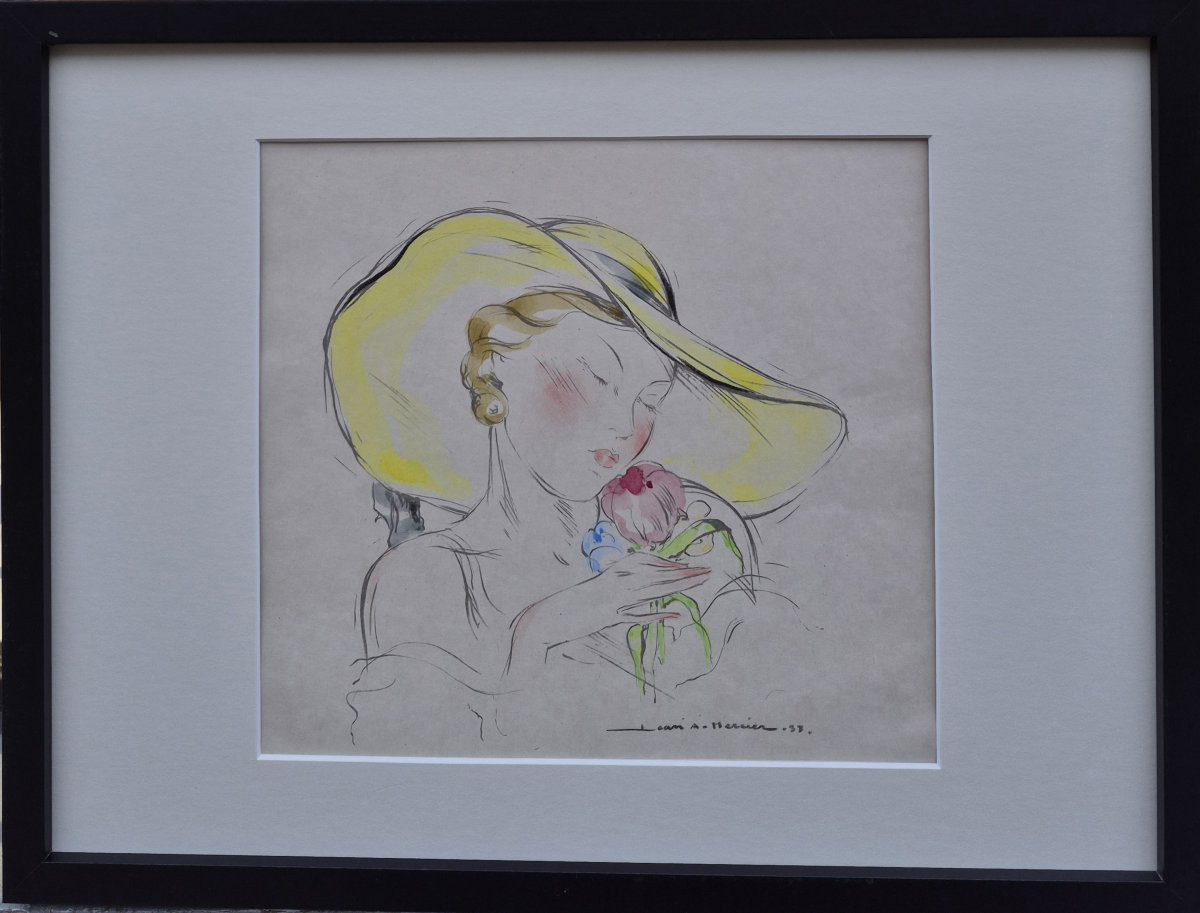 Jean Adrien Mercier (1899-1995), Portrait d'une élégante à la fleur et chapeau jaune-photo-2