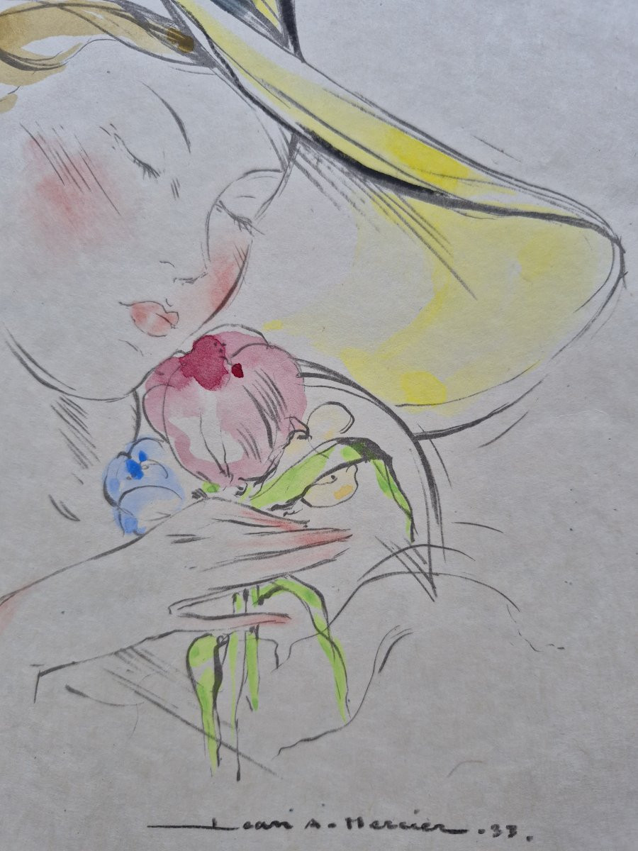 Jean Adrien Mercier (1899-1995), Portrait d'une élégante à la fleur et chapeau jaune-photo-3