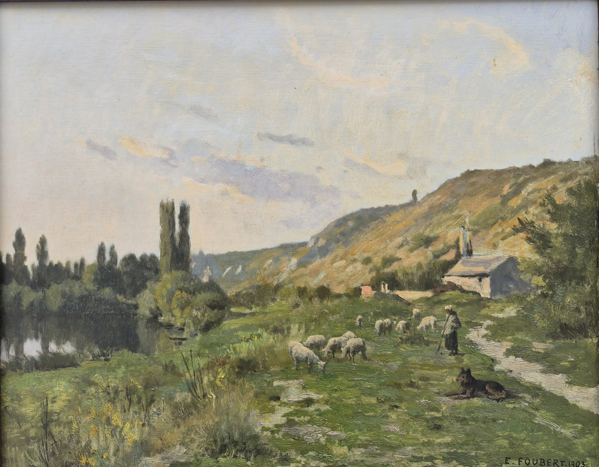 Emile Louis Foubert (1848-1911), Landscape With Shepherdess And Her Sheep-photo-2