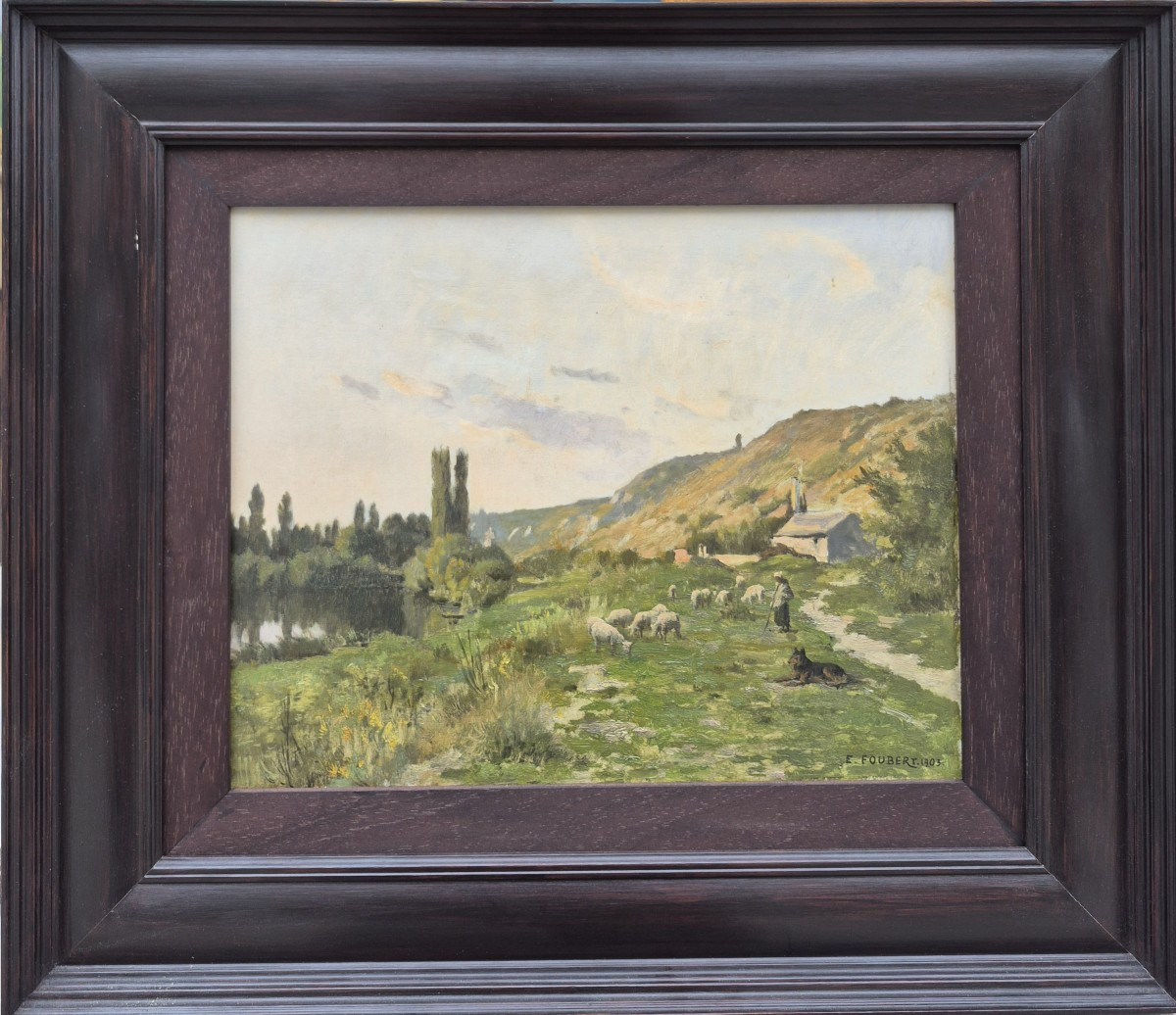 Emile Louis Foubert (1848-1911), Landscape With Shepherdess And Her Sheep