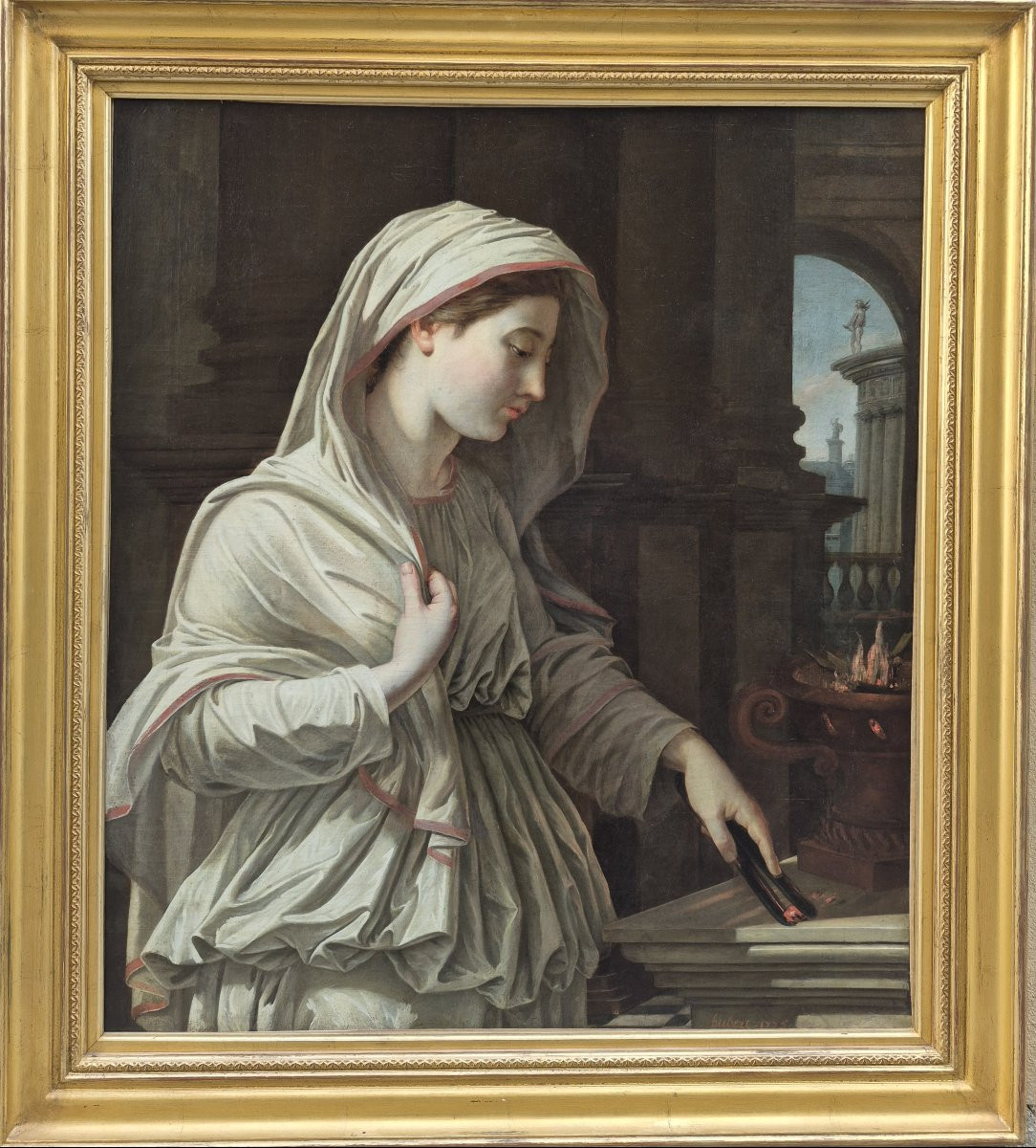 Ecole Française du XVIIIème signée et datée, Vestale entretenant le feu sacré-photo-2