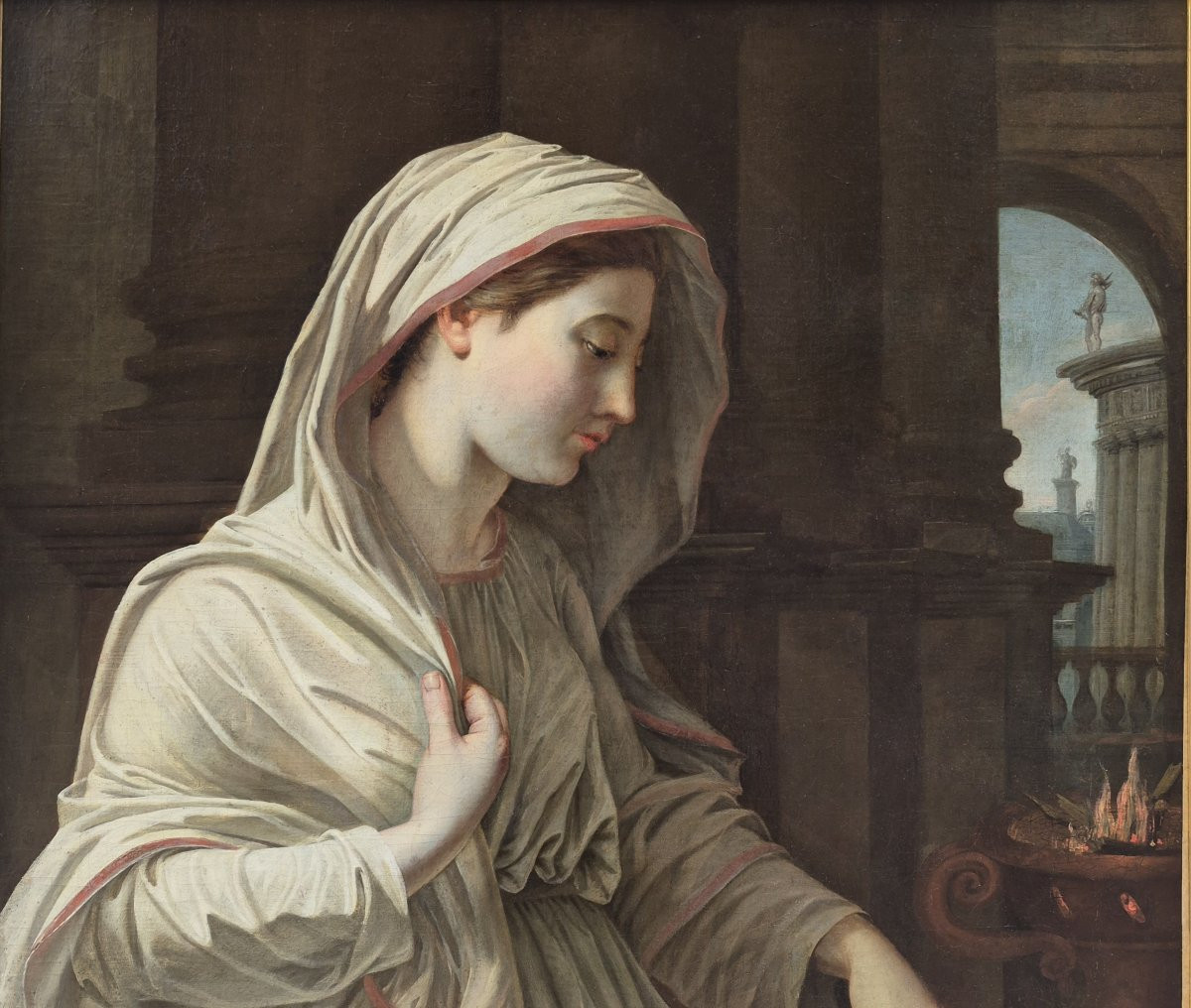 Ecole Française du XVIIIème signée et datée, Vestale entretenant le feu sacré-photo-1