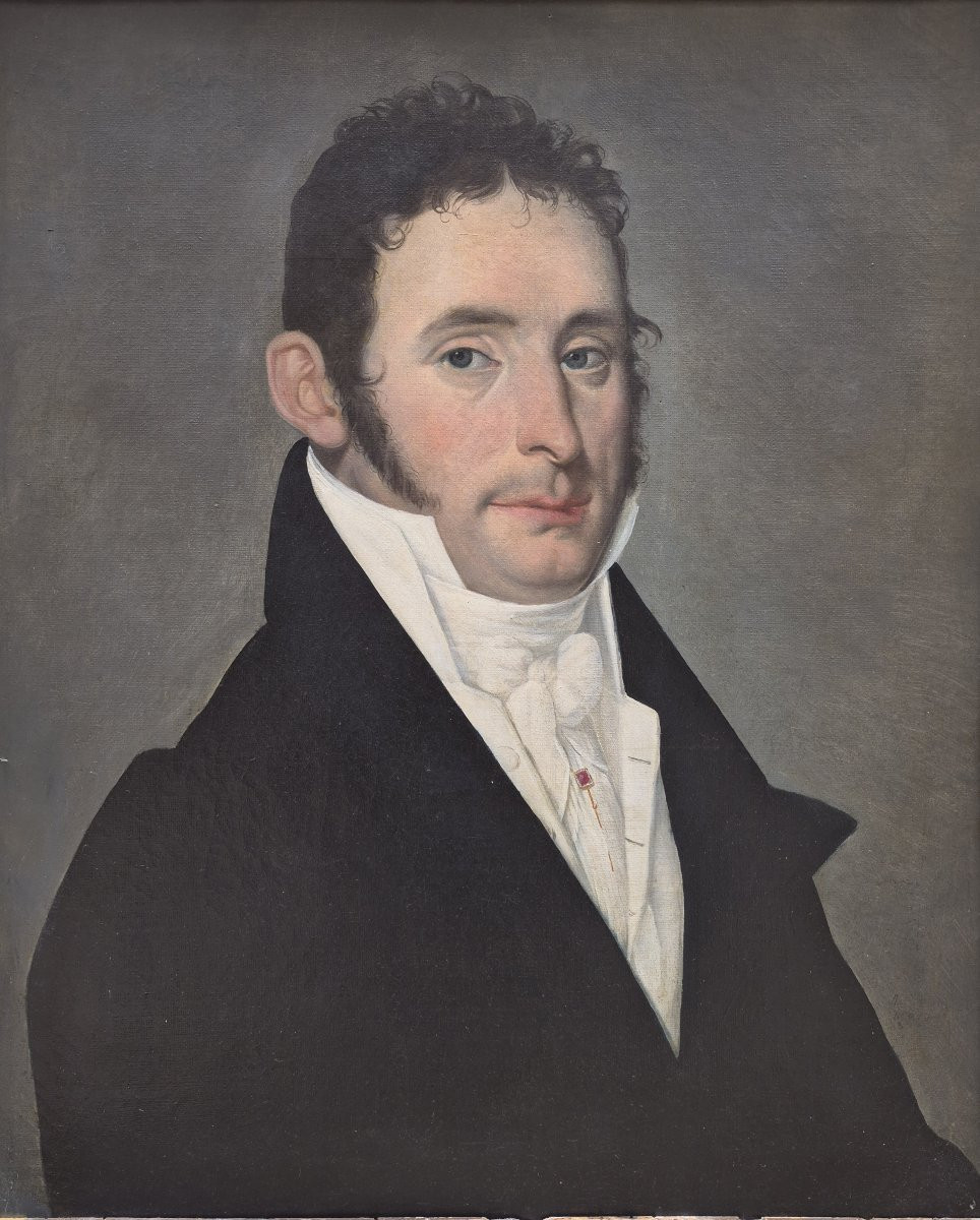 Ecole Française début XIXème siècle, Portrait d'homme à l'épingle au rubis-photo-2
