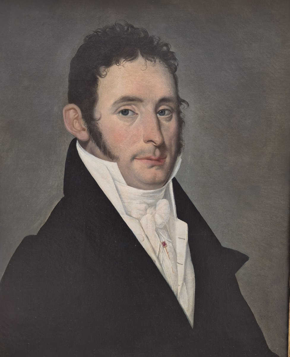 Ecole Française début XIXème siècle, Portrait d'homme à l'épingle au rubis-photo-3